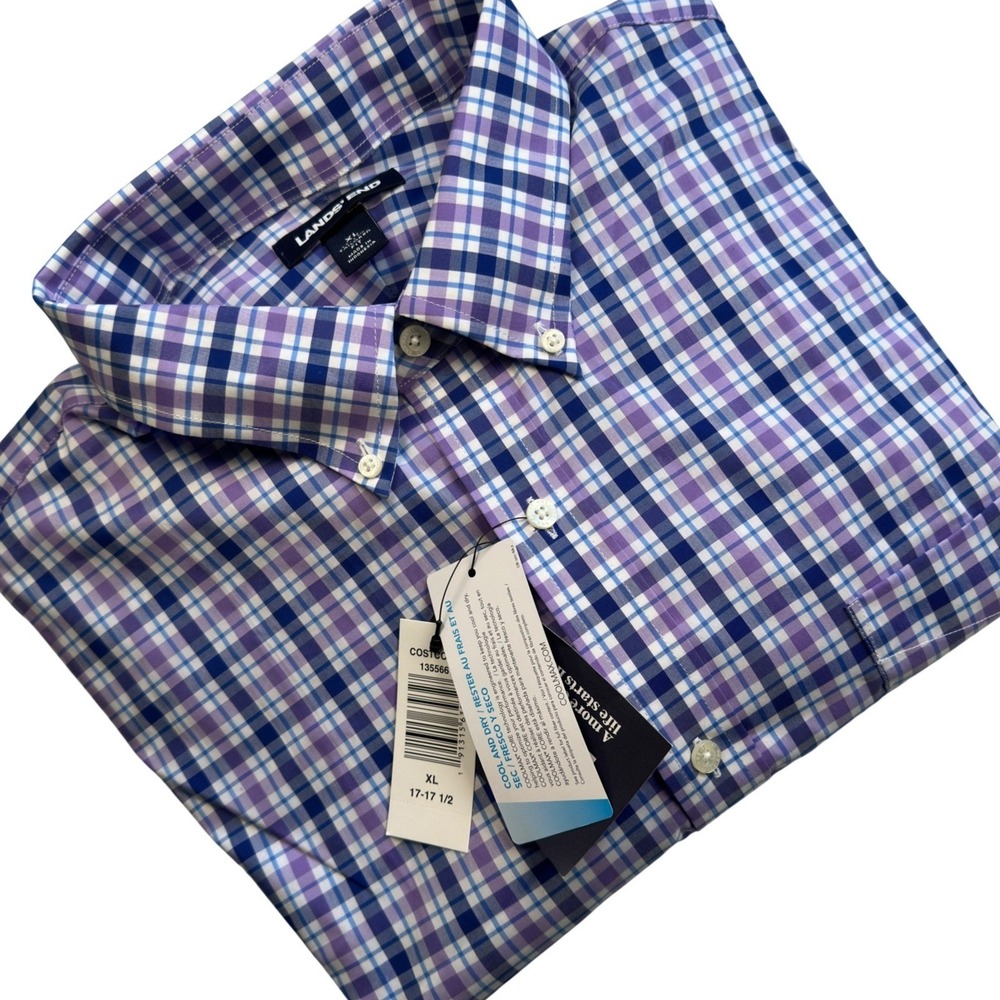 Lands' End Shirt Mens XL Purple Blue Plaid Cotton Coolmax Stretch Tailored NWT